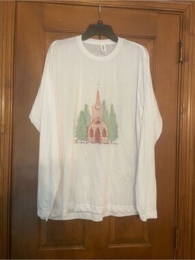 Tultex White Long Sleeve Tee,  Church Graphic “Oh come, let us adore Him”, Sz L